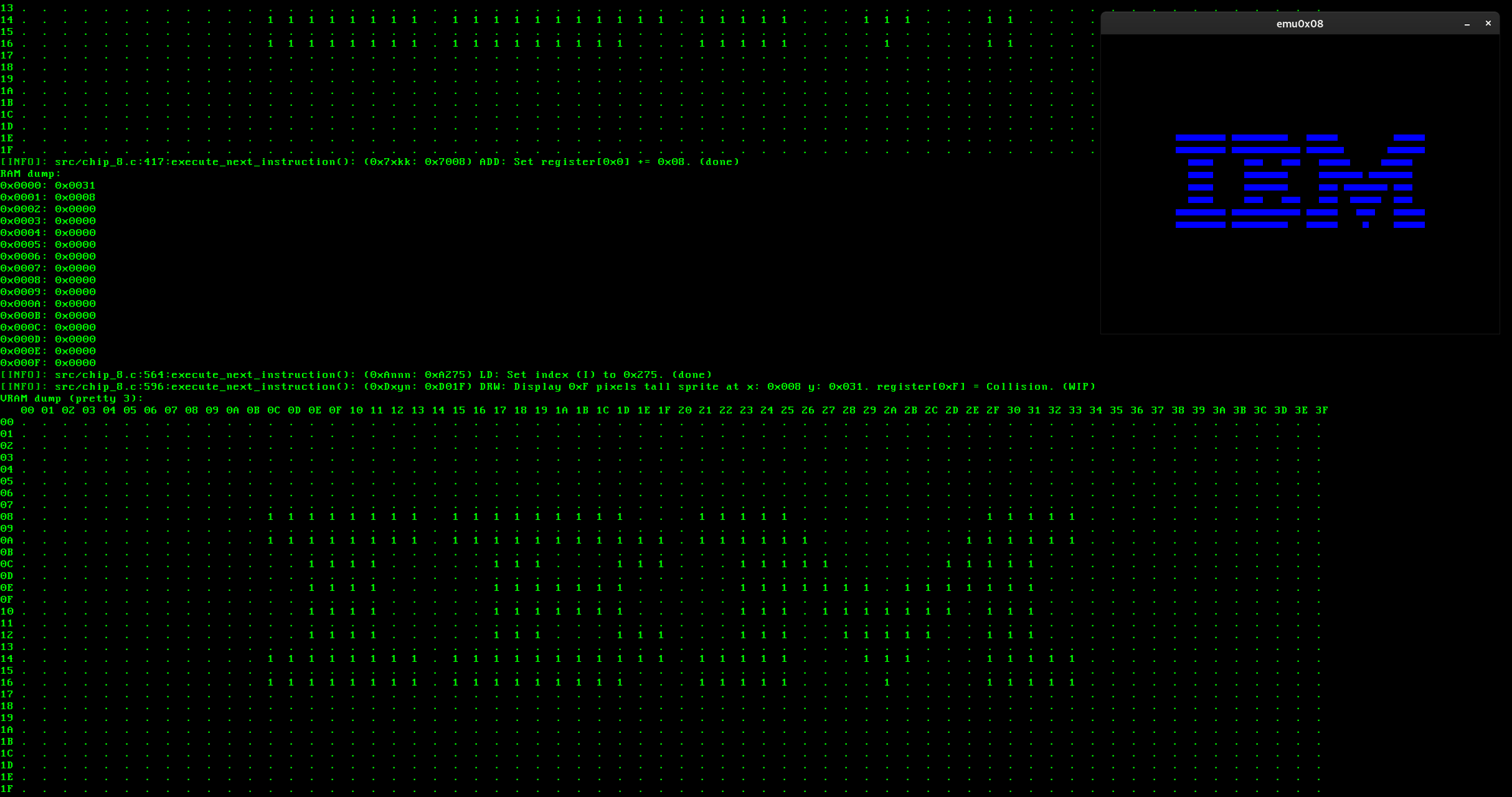 emu0x08 running the classic IBM logo chip 8 rom.